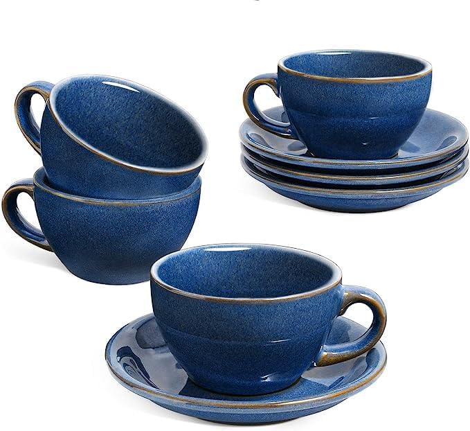 LE TAUCI 6 oz Cappuccino Cups with Saucers, Ceramic Coffee Cup for Au Lait, Double shot, Latte, Cafe Mocha, Tea - Set of 4, Ceylon Blue