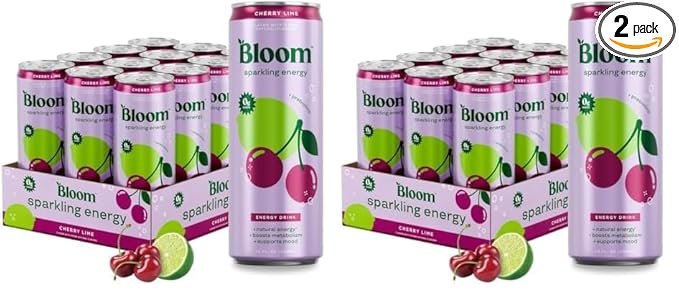 Bloom Nutrition Sparkling Energy Drink for Focus, Natural Caffeine, Zero Sugar, 180mg Caffeine, Antioxidant-Rich with Green Coffee Bean, Green Tea Extract, & Prebiotics, Cherry Lime 12oz 24 Pack