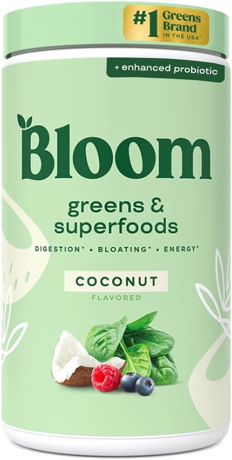 Bloom Nutrition Superfood Greens Powder, Digestive Enzymes with Probiotics and Prebiotics, Gut Health, Bloating Relief for Women, Chlorella, Green Juice Mix with Beet Root Powder, 60 SVG, Coconut