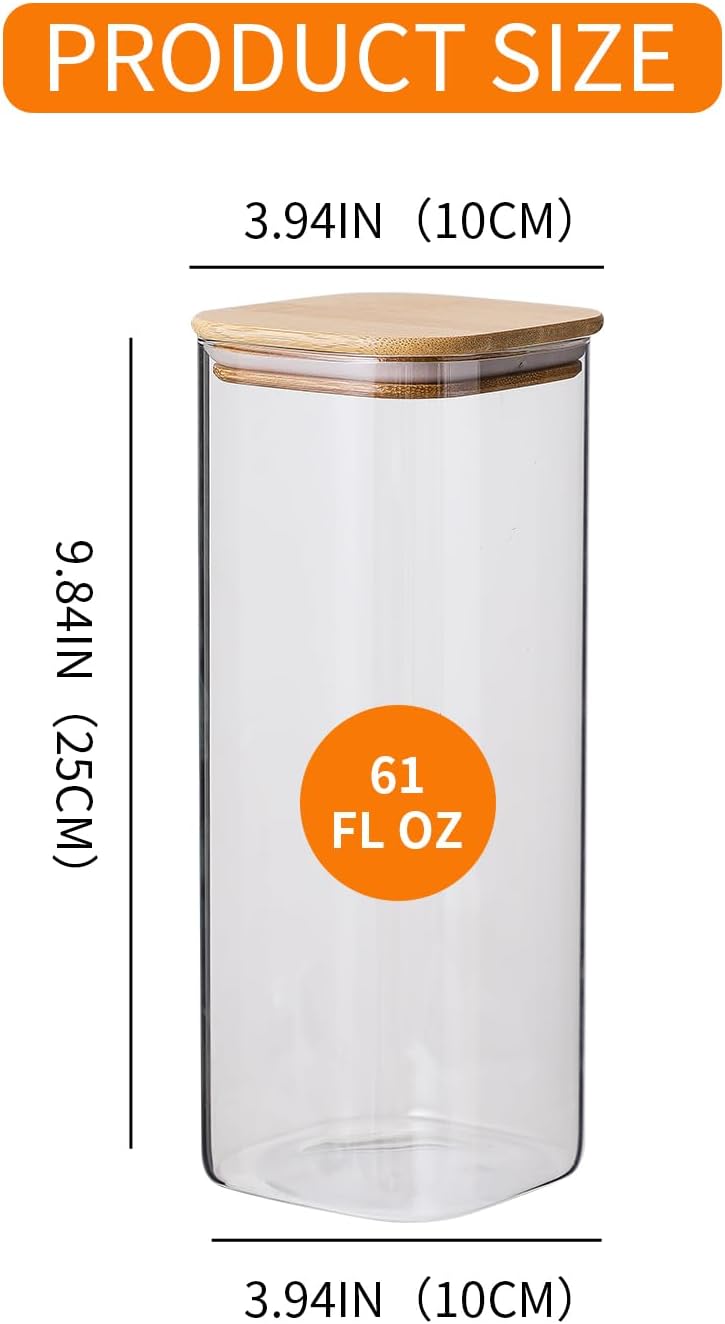 Glass Jars with Bamboo Lids 3 Pack, 61 Oz Airtight Square Storage Container, Clear Kitchen Canisters for Soild food, Nuts/Cookies/Sugar/Pasta