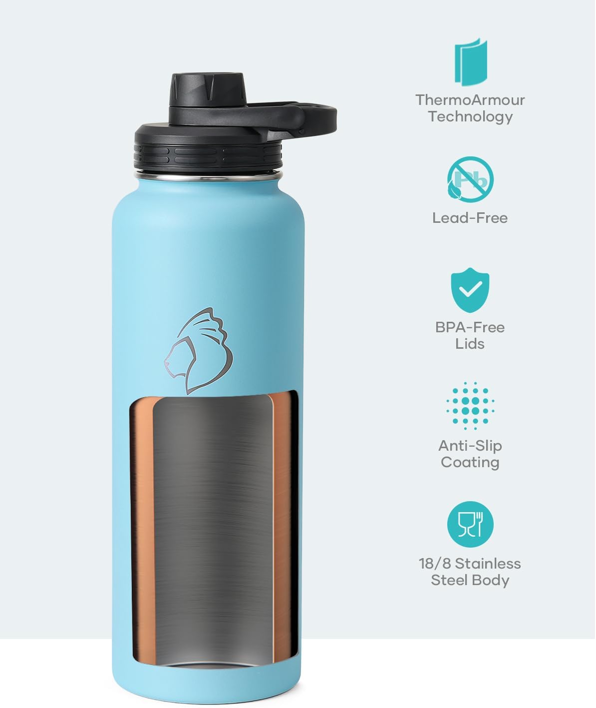 BUZIO 40 oz Water Bottle Insulated with Straw & 3 lid and Carrying Pouch, Leak Proof Anti-Slip Stainless Steel Water Flask Jug, Cold for 48 Hrs Double Vacuum Thermo Canteen, BPA-Free, Light Blue