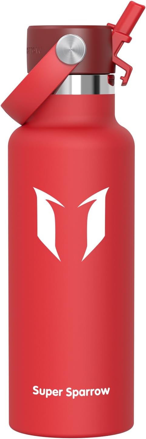 Super Sparrow Insulated Water Bottle - 17 Oz / 25 Oz / 32 Oz - Standard Mouth FlipFlow Flask - BPA Free, Leak Proof Drink Bottle- Ergonomic Straw Water Bottles for Work, Gym, Travel, Sports