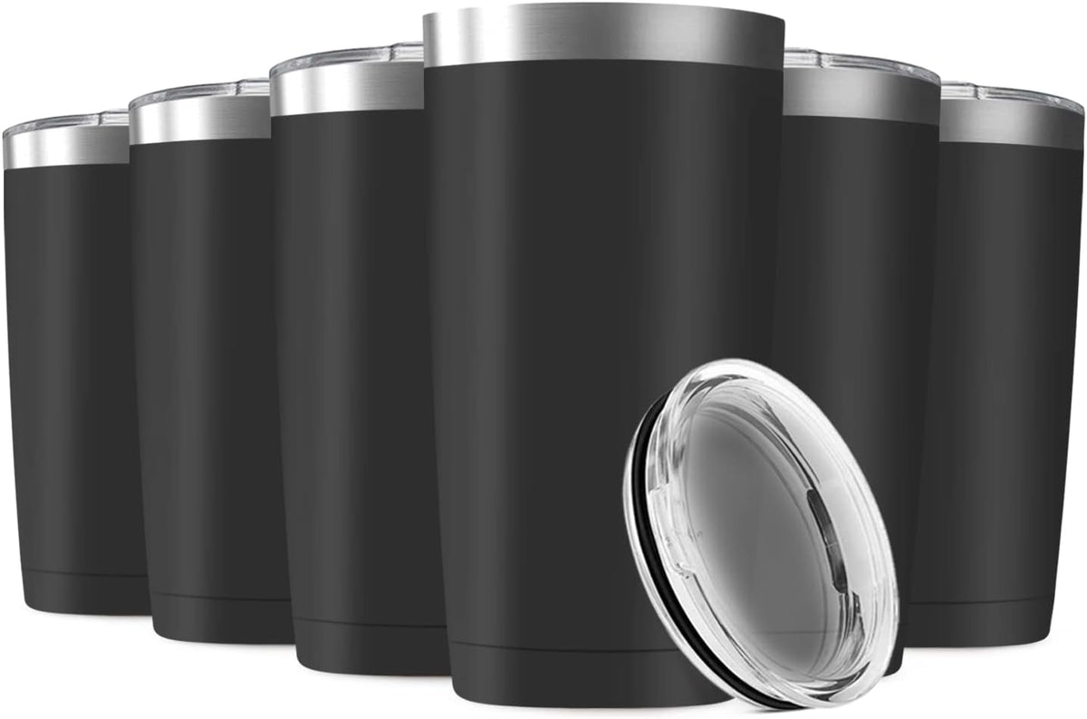 6 Pack 20oz Tumbler Vacuum Insulated Travel Mug with Lids, Stainless Steel Double Wall Bulk Cup for Home, Office, Outdoor Suitable for Vehicle Cup Holders(Black)