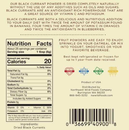Black Currant Powder - Northwest Wild Foods - Sweet Antioxidant Healthy Pure Dried Fruit Natural Hand Harvested - in Smoothies, Oatmeal, Dessert (1 Pound)