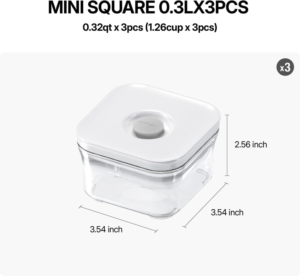 VAKUEN Premium Airtight Food Storage Containers, Mini Square 3pc/set(0.32qt), Smart One-Click Seal Lid, No Hinges, 100% Leak Proof, BPA-FREE, Dishwasher, Freezer & Microwave Safe