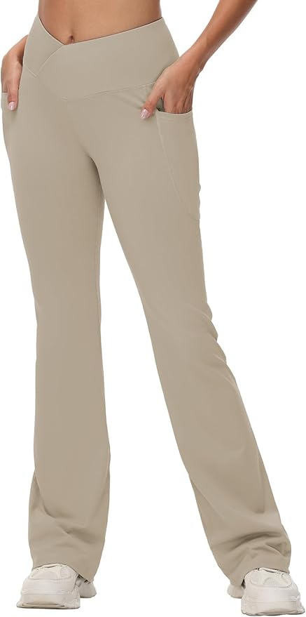 baleaf Women's V Crossover Flare Leggings with Pockets Yoga Pants High Waist Casual Workout Gym Bell Bottom Leggings