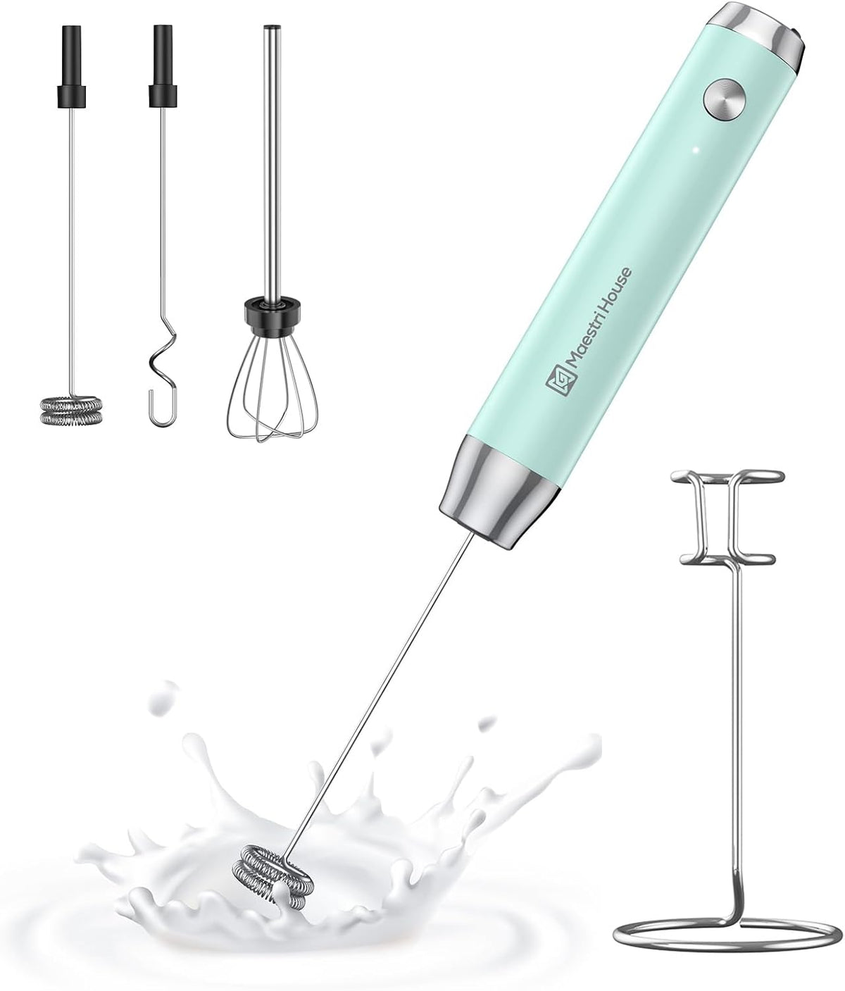 Maestri House Rechargeable Milk Frother with 3 Heads, LunaFro AS Handheld Electric Foam Maker Waterproof Detachable Stainless Steel Whisk Drink Mixer Foamer with Stand for Lattes, Cappuccino, Egg