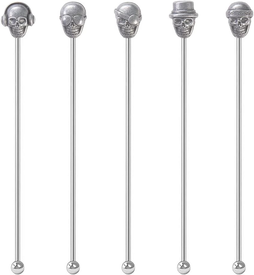 Skull Shape Swizzle Sticks, Reusable Stainless Steel Coffee Beverage Stirrers Cocktail, 5-Pack Drink Stir Sticks for Bar Party Home Office (Ancient Silver)