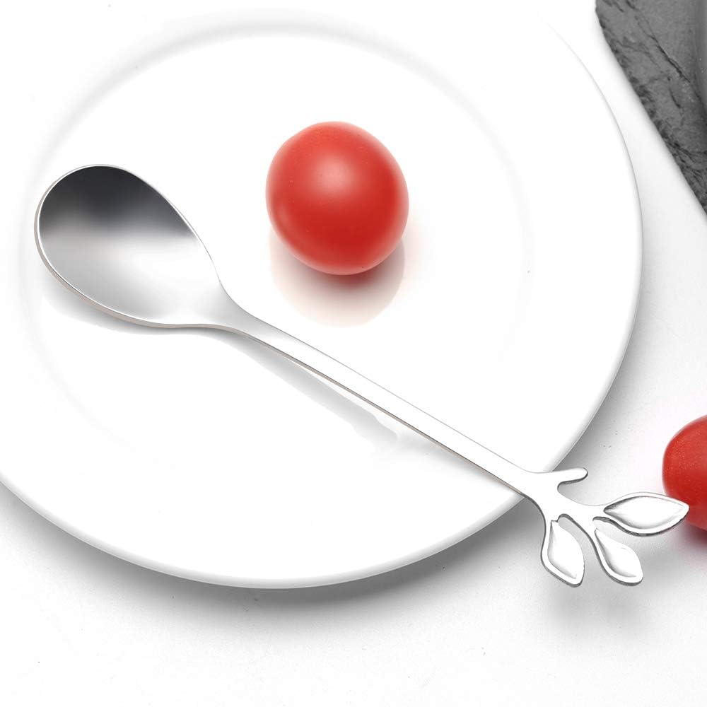 AnSaw Elegant Silver Leaf Coffee Spoons - 10-Piece, 4.7" Mini Stainless Steel Espresso & Dessert Tea Spoons, Perfect for Demitasse & Small Servings