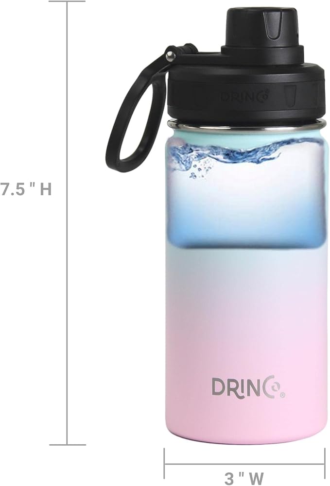 DRINCO Stainless Steel Water Bottle Spout Lid Vacuum Insulated Double Wall Water Bottle Wide Mouth (40oz 32oz 22oz 18oz 14oz) Leak Proof Keeps Cold or Hot (14 oz, 14oz Macaron)