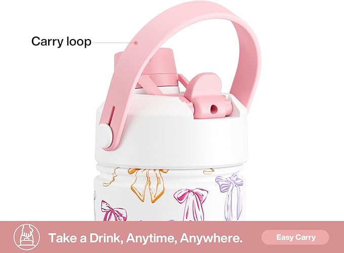 26 oz Insulated Water Bottle with 2-in-1 Straw and Spout Lid, Keep Cold 24H, Leak-Proof, Fits in Car Cup Holder, Stainless Steel Water Bottle for Sports, Travel, and School (Ribbon Whimsy)