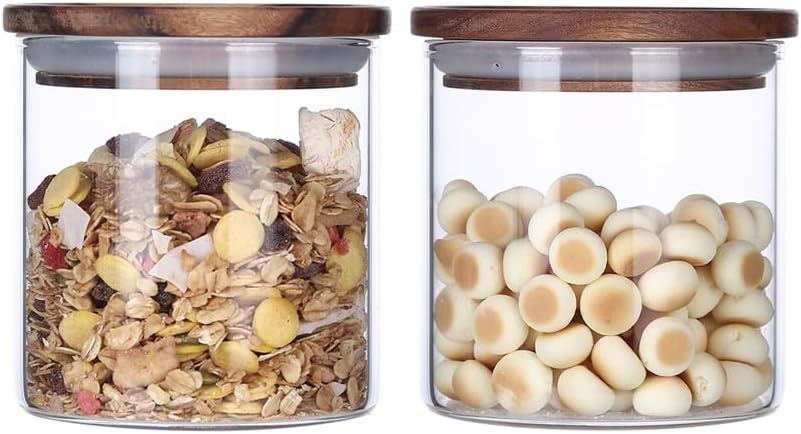 KKC HOME ACCENTS Airtight Glass Food Storage Jars with Wood Lids for Coffee,Sugar,Salt,Wooden Top Sealed Glass Kitchen Jars,18 Fluid Ounces