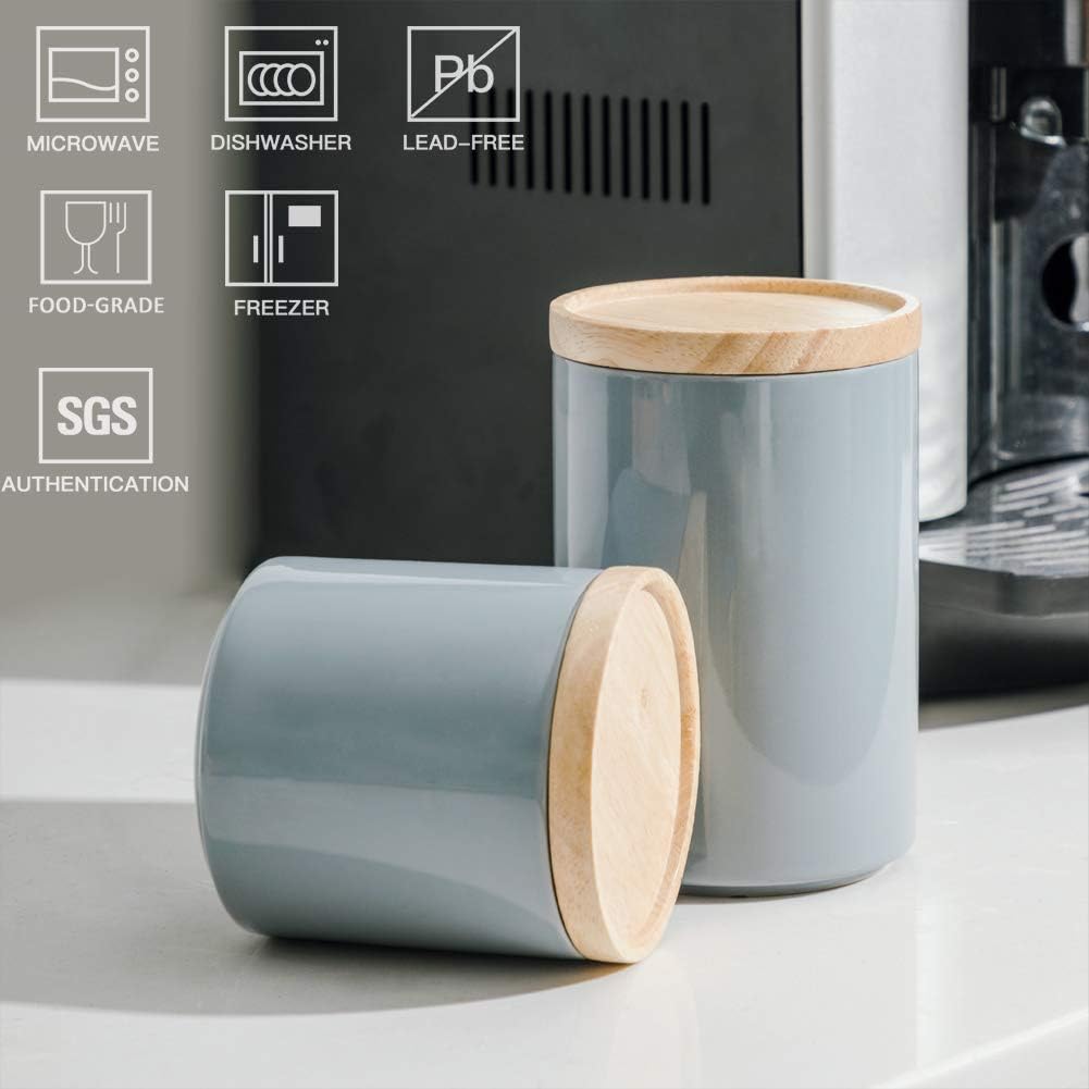 Sweejar Kitchen Canisters Ceramic Food Storage Jar, Stackable Containers with Airtight Seal Wooden Lid for Serving Ground Coffee, Tea, Sugar, Salt and More - 28 Fl Oz (Gray)