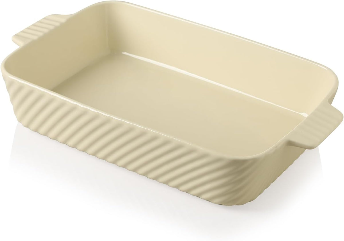 Sweejar Ceramic 13 x 9 Baking Pan, Cake Baking Dish for Brownie, Porcelain Striped Casserole Dishes for Oven with Handle for Lasagna, Family Dinner(Beige)