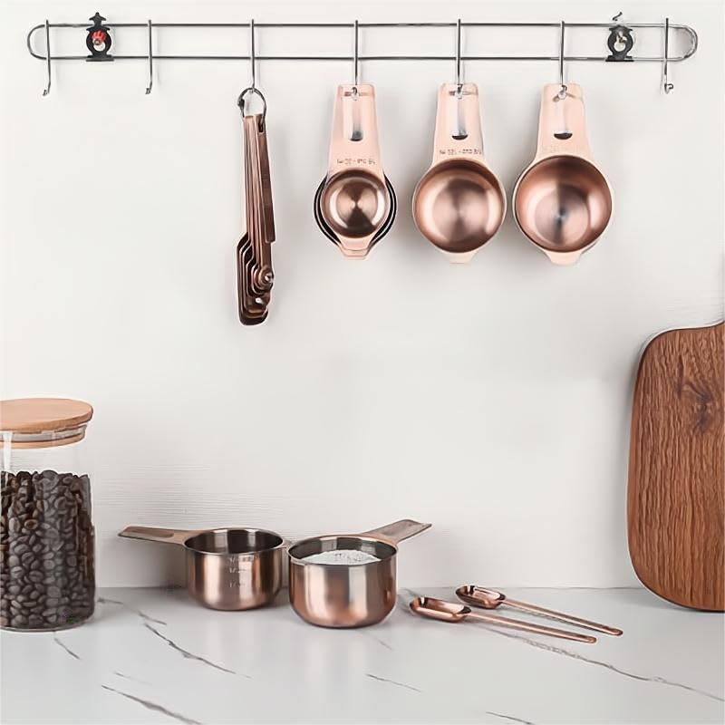 Copper Measuring Spoons Set, Stainless Steel Measuring Spoons Set 10, Metric&US Long Handle Measure Spoons for Kitchen&Baking, Metal Measure Tools with 1/16Tsp&2/3Tbsp for Spice Jar