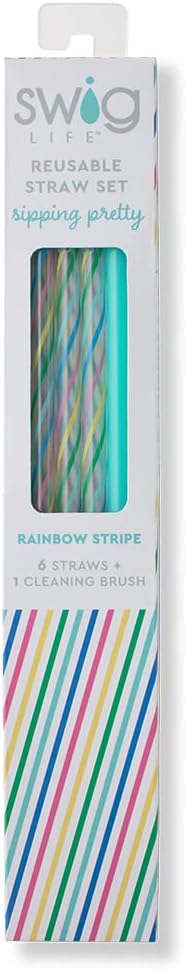 Swig Life Reusable Straws Rainbow + Aqua Tall Straw Set & Cleaning Brush, Each Straw is 10.25 inch Long (Fits Swig Life 20oz Tumblers, 22oz, and 32oz Tumblers)