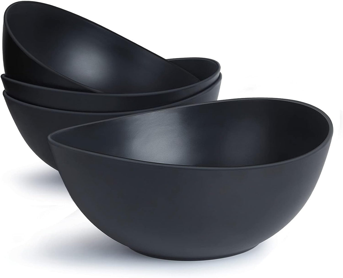 9.6'' Serving Bowls, 84oz Bamboo Fiber Salad Set of 4, Large for Kitchen, Deep Oval for Salad, Vegetable, Fruit, Pasta, Ramen, Lightweight & Easy to Clean (Matte Black)