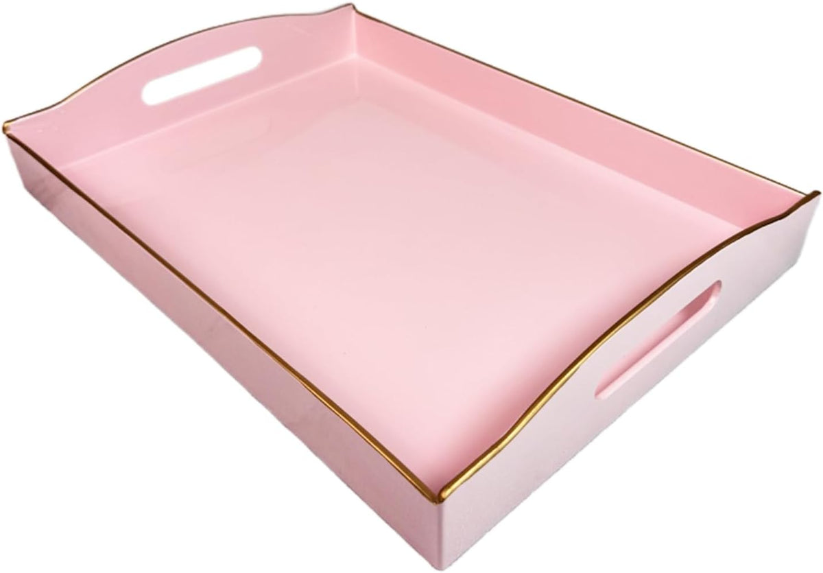 Pink Serving Tray with Handles, Plastic Decorative Tray for Coffee Table, Ottoman - Ideal for Living Room & Bathroom. 15” x 11” x 2.5”