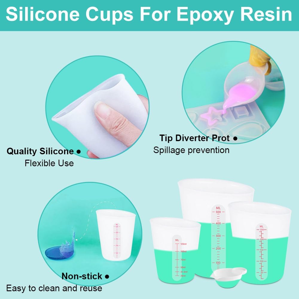6 PCS Silicone Cup Set, 500ml, 250ml and 125ml for Epoxy Silicone Measuring Cups, Non-Stick Mixing Cups, Casting Molds, Jewelry Making, Silicone Measuring Cups with Marking Ounces/ml