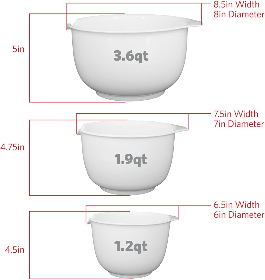GLAD Mixing Bowls with Pour Spout, Set of 3 | Nesting Design Saves Space | Non-Slip, BPA Free, Dishwasher Safe Plastic | Kitchen Cooking and Baking Supplies, White