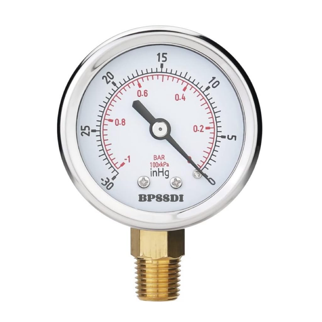 30inHg Vacuum Pressure Gauge, Water Pressure Gauge, 2.5" Dial Size, 1/4" NPT Lower Mount, 304 Stainless Steel Case, for Pneumatic Air Compressor RV Regulator Valve Test(with Tape)