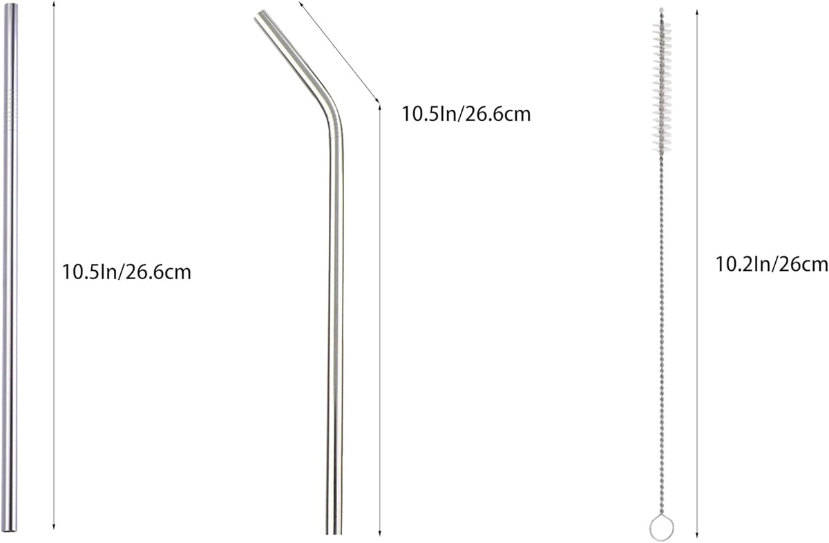 10 Pcs Stainless Steel Straws, Reusable Drinking Straws, 5 Straight + 5 Bent Metal Straws Set With 2 Pcs Cleaning Brushes (Silver, 10.5 Inch)
