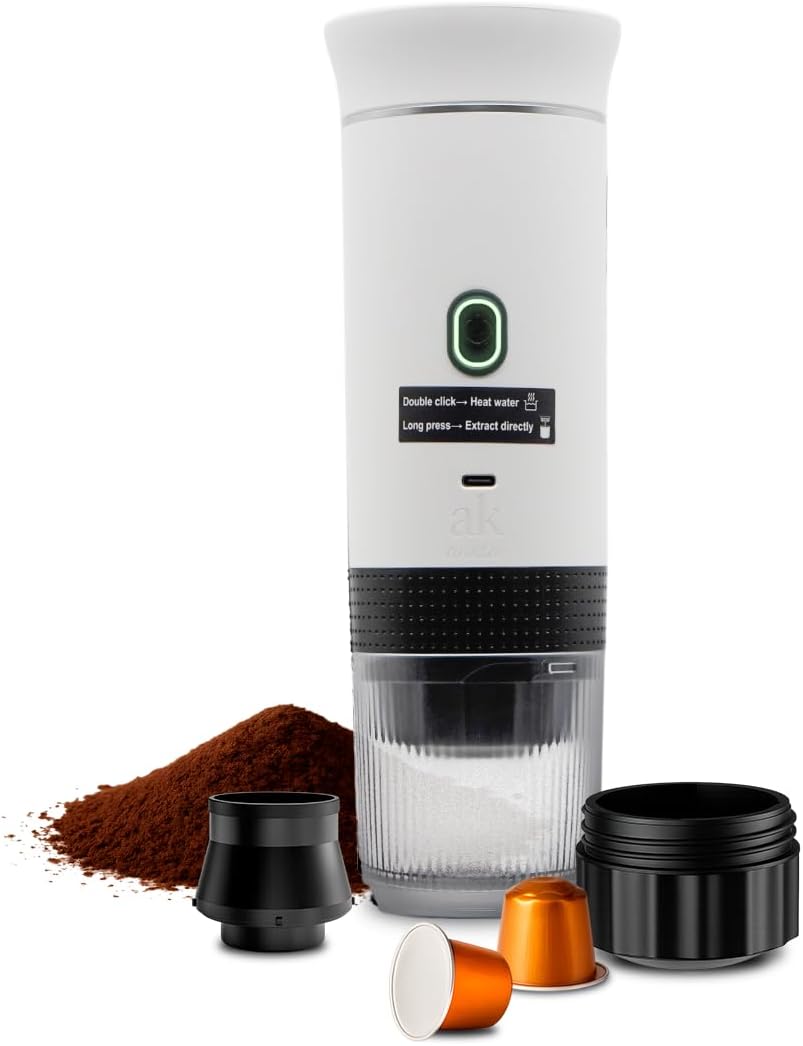 3-in-1 Portable Coffee Maker – Electric Espresso Machine for Travel – Compatible with Ground Coffee, NS & DG Capsules – USB-C Rechargeable Portable Espresso Maker (White)