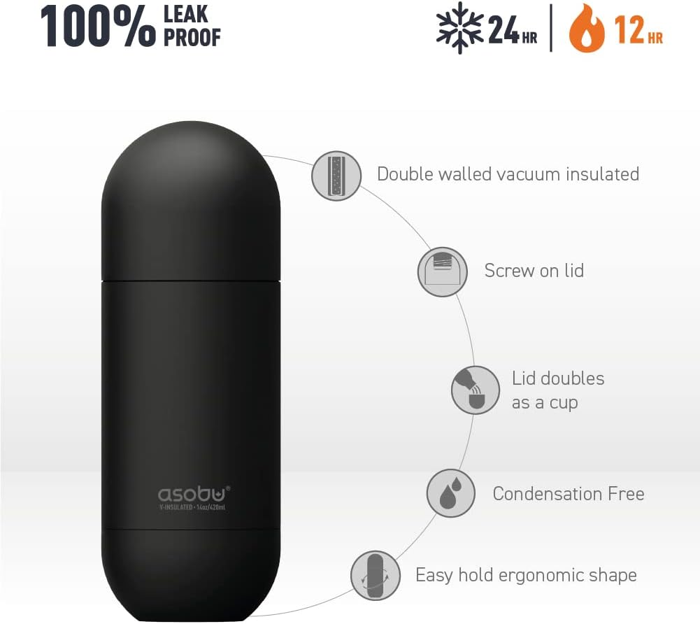 Asobu Orb Stainless Steel Double Wall Insulated Travel Water Bottle – Lid Doubles as a Cup 14 Ounce