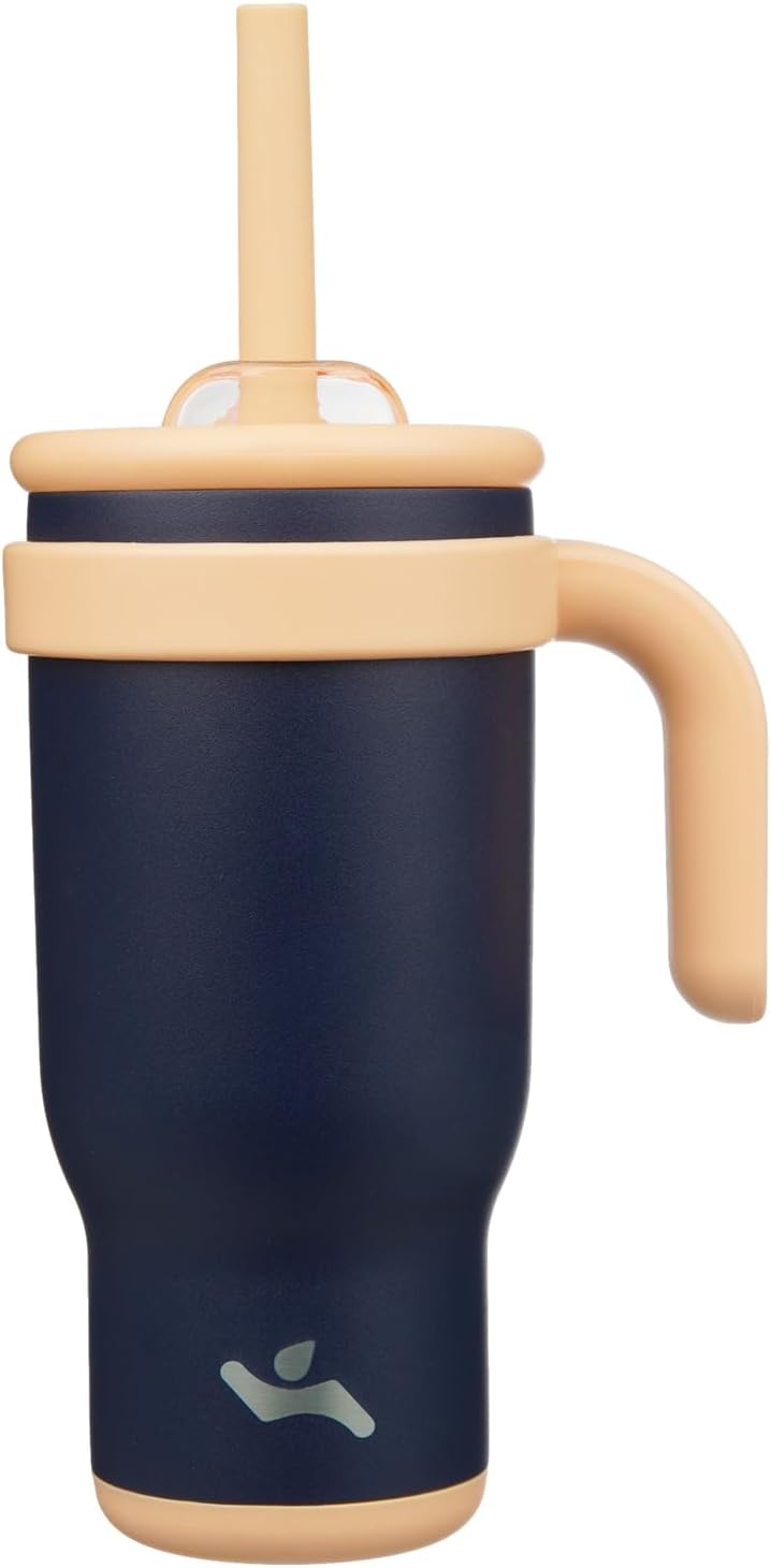 18 oz Tumbler with Side Handle, Insulated Water Bottle with Straw and 2 in 1 Lid, Stainless Steel Cup Travel Coffee Mug for Sports Office Gym,Navy Blue