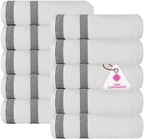 CASA COPENHAGEN, Solitaire 10 Pieces Hand Towel Set- Bright White, 600 GSM, 16x28 Inches, Designed in Denmark Super Soft Egyptian Cotton Towels for Bathroom & Kitchen