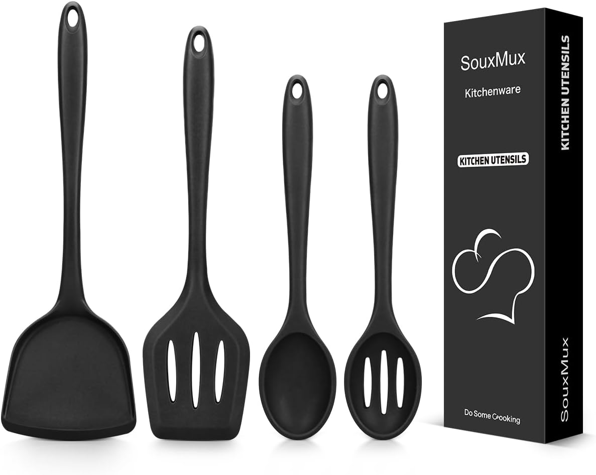 4 Pcs Silicone Kitchen Utensils Set, Wok Spatulas-Slotted Turner-Cooking Spoon-Slotted Spoon, Nonstick BPA Free High Heat Resistant Cooking Utensils for Frying, Mixing, Serving, Draining, Stirring