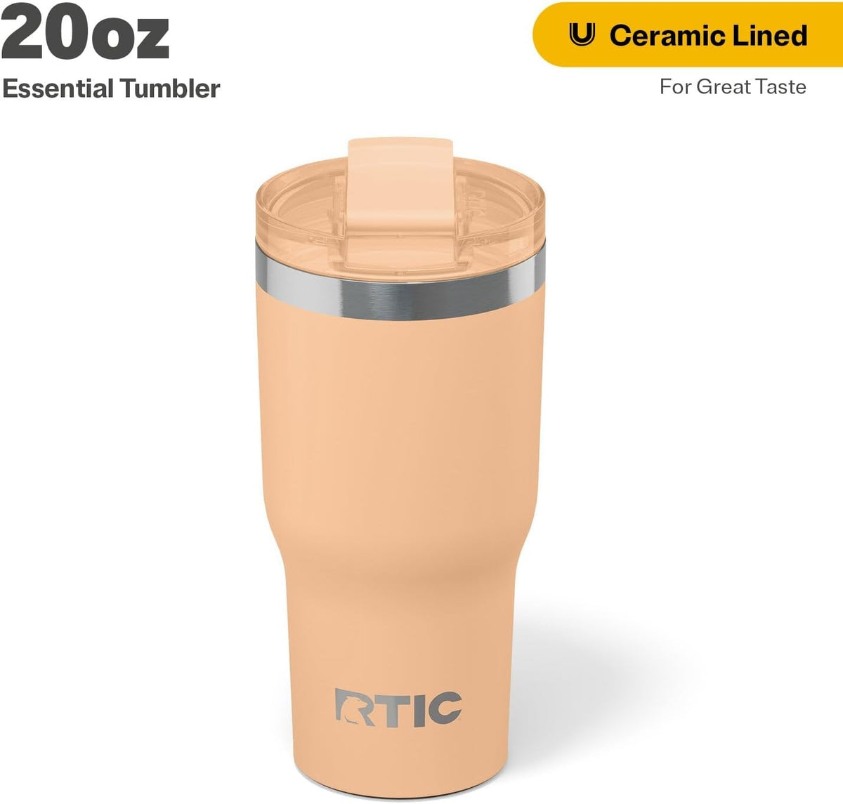 RTIC 20oz Essential Tumbler with Lid, Insulated, Stainless Steel, Metal, Double Wall Vacuum-Insulation, Ceramic Lined, Travel Cup for Iced Coffee, Tea, Hot and Cold Drink, Peach Tea