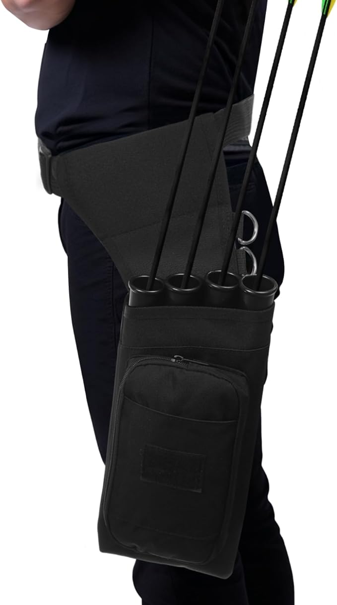4 Tubes Hip Quiver, Nylon Fabric Waist Arrow Quiver with Pockets and Adjustable Strap for Archery Shooter, Outdoor Arrow Storage