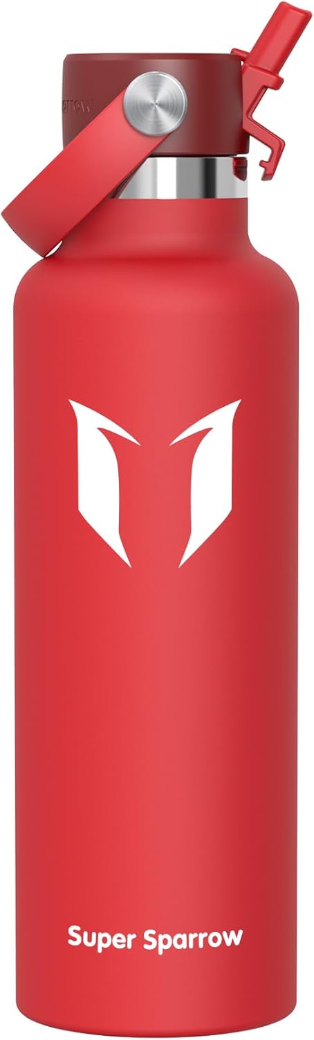 Super Sparrow Insulated Water Bottle - 17 Oz / 25 Oz / 32 Oz - Standard Mouth FlipFlow Flask - BPA Free, Leak Proof Drink Bottle- Ergonomic Straw Water Bottles for Work, Gym, Travel, Sports