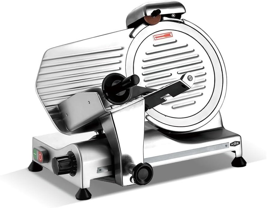KWS MS-10SL Commercial 320w Electric Meat Slicer 10-Inch Triple Safety Locks + Anodized Aluminum Base with Stainless Steel Blade, Frozen Meat/Cheese/Food Slicer Low Noises Commercial and Home Use