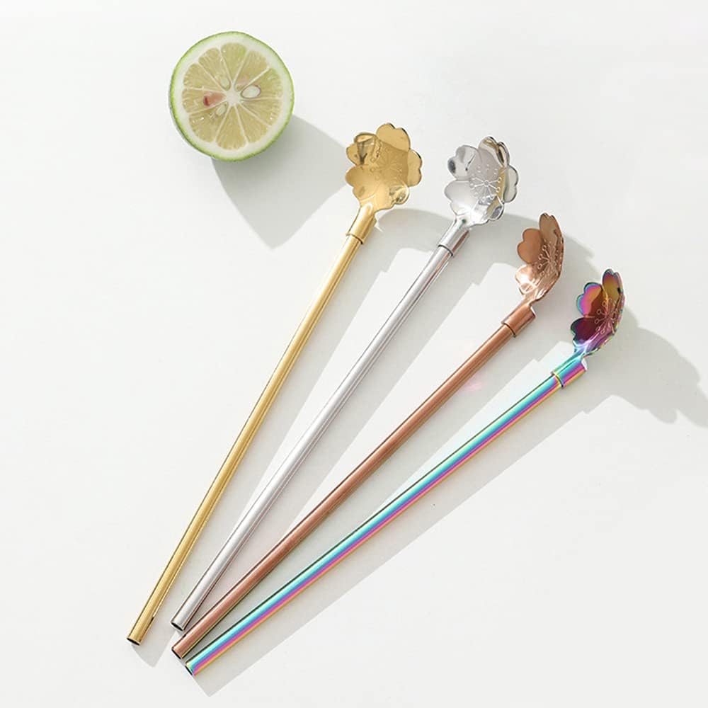 Reusable Stainless Steel Long Handle Straws Spoon, 6 Pieces 8.6", with 1 Cleaning Brushes (flower)