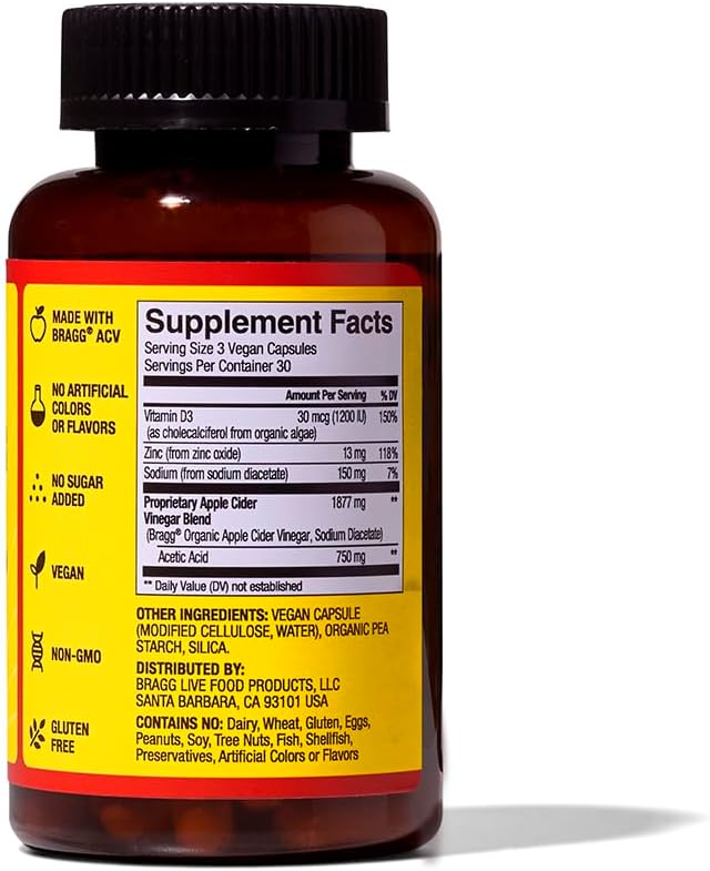 Bragg Apple Cider Vinegar Capsules with Vitamin D and Zinc - (3 Pack) 90 Capsules - Supports The Immune System