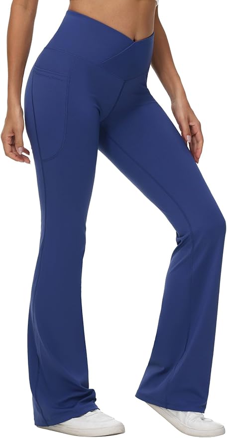 baleaf Women's V Crossover Flare Leggings with Pockets Yoga Pants High Waist Casual Workout Gym Bell Bottom Leggings