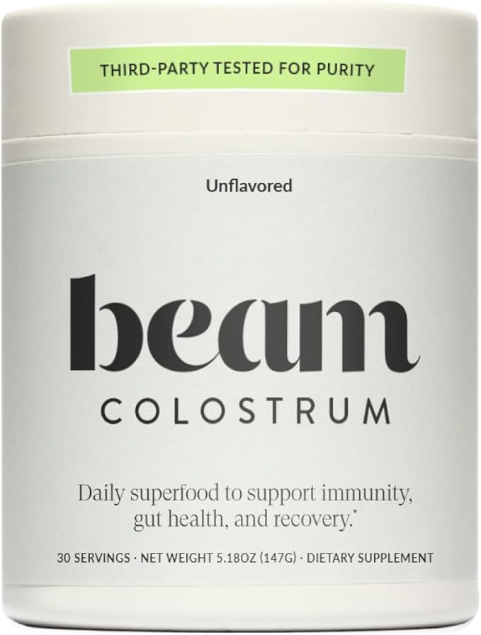 Beam Colostrum Powder – Gut Health, Immune Support & Recovery Supplement – 3g per Serving – Grass-Fed, Third-Party Tested, Pure Whole Bovine Colostrum – No Fillers, Non-GMO, 30 Servings