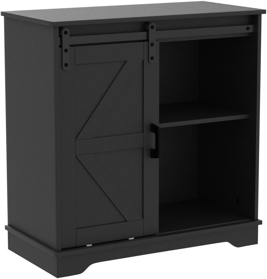 Panana Sliding Barn Door Buffet Sideboard Storage Cabinet Coffee Bar Kitchen Farmhouse Style (Black)