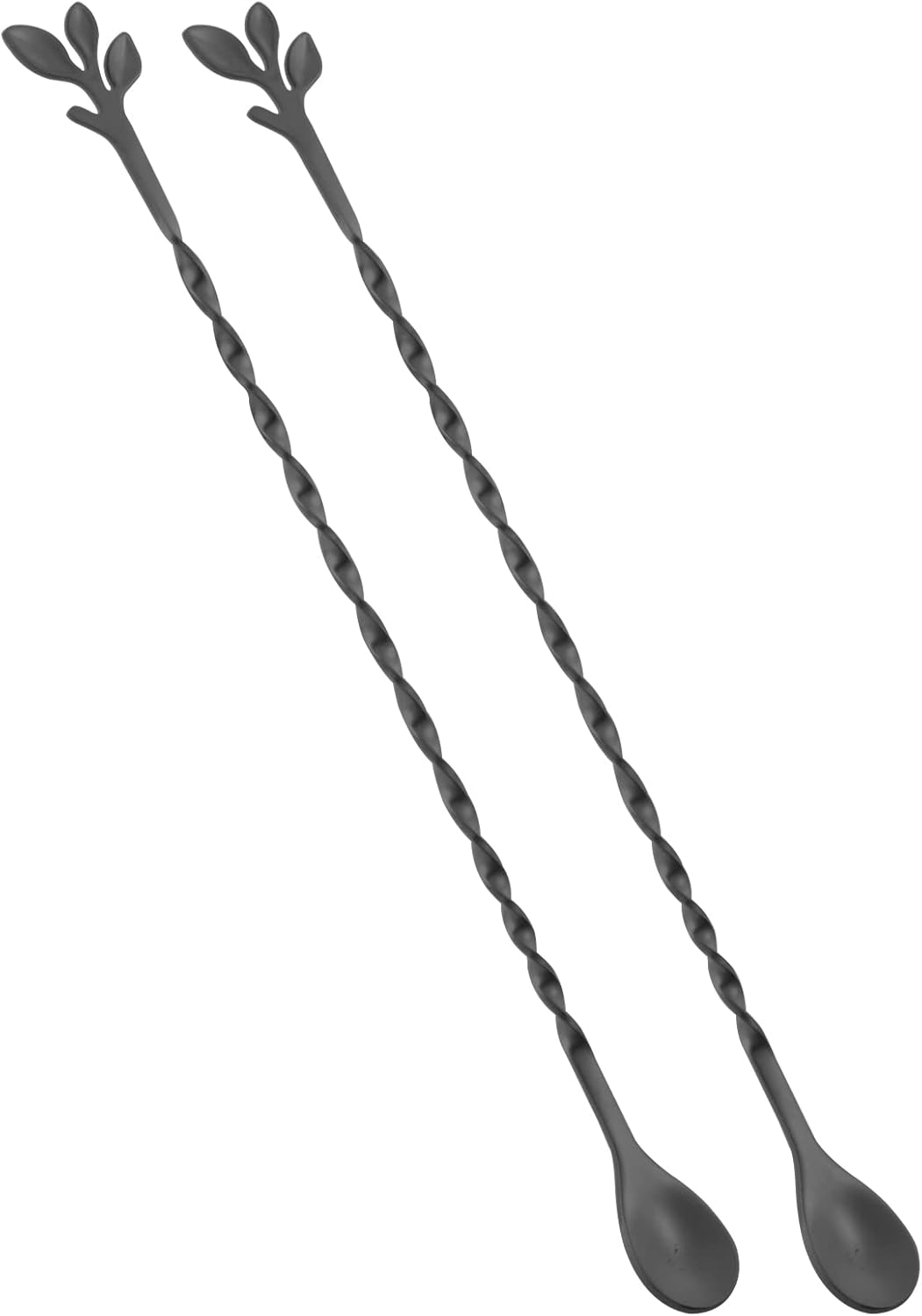 AnSaw Black 10-Inch Stainless Steel Cocktail Spoon with Leaf Handle - Perfect for Mixing & Layering Drinks in Tall Cups, Bar & Shakers - Durable Long Handle Bar Stirrer,2-Pieces