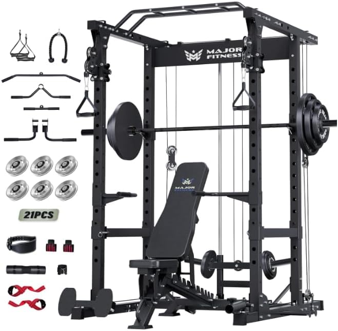 MAJOR FITNESS PLM03 Power Rack - 1400LBS Home Gym with Cable Crossover, Pull-Up Bar & Landmine, Strength Training Equipment