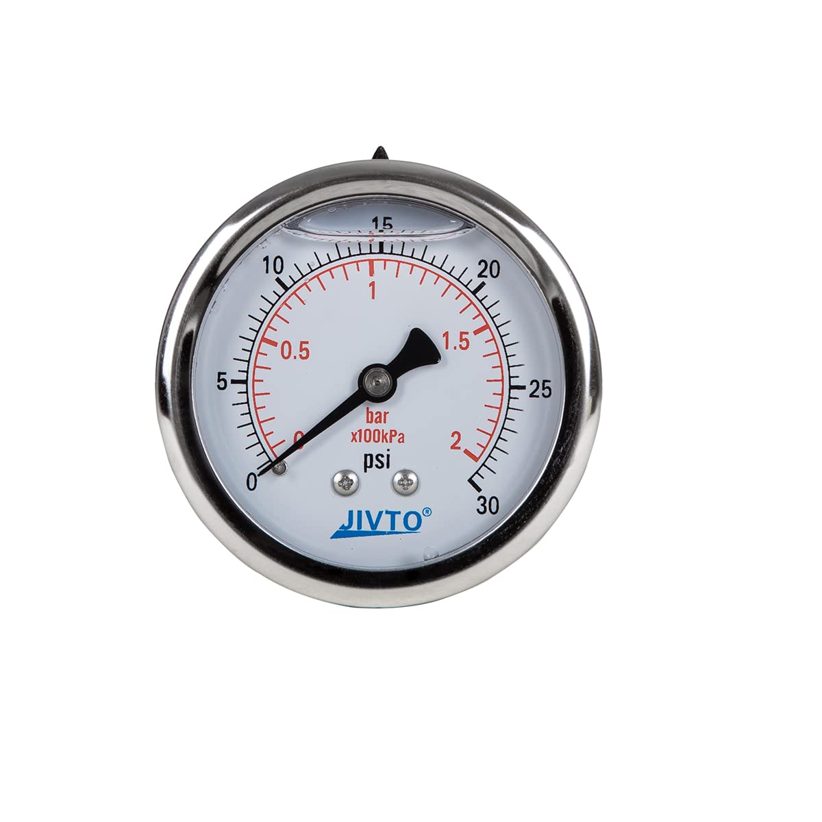 Pressure Gauge,Liquid Filled,2-1/2" Dia,0-30 psi/bar/kpa,1/4" NPT Back Mount, Polycarbonate Lens Window, Stainless Steel case