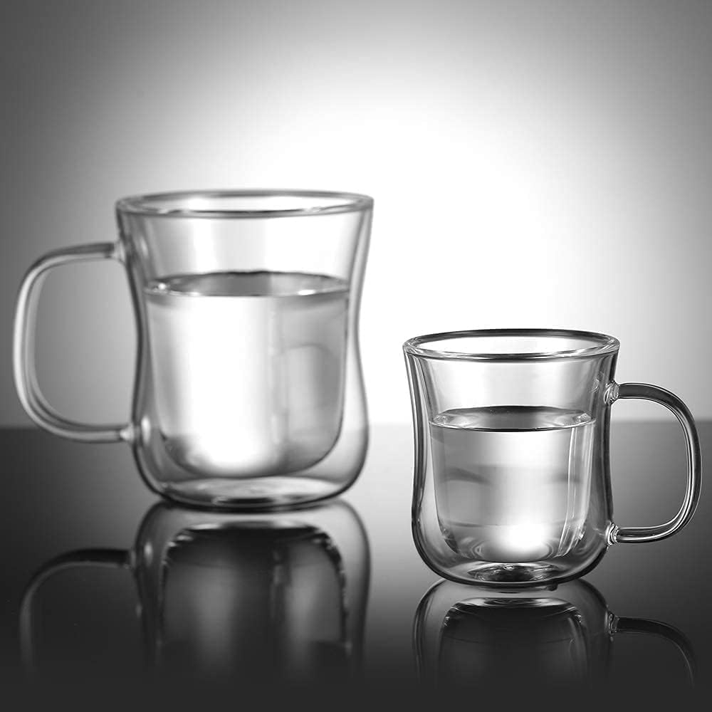 ecooe Espresso Cups 4 Oz Double Walled Glasses Coffee Mugs Set of 2, Clear Glass Coffee Cups with Handle, Insulated Coffee Mug Borosilicate Heat Resistant Double Wall Glass Espresso Coffee Cups
