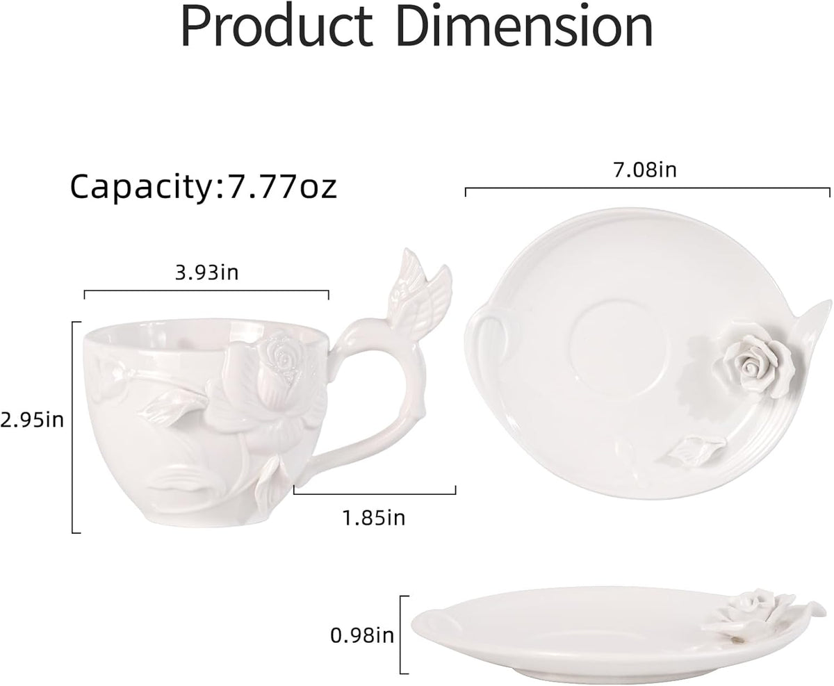 KAMMAK Tea Cups and Saucers Set of 2, Porcelain Coffee Cups, 8.5-Ounce Stackable Espresso Mugs, Ceramic Demitasse for Coffee, Latte, Americano, Tea, Cubic Rose
