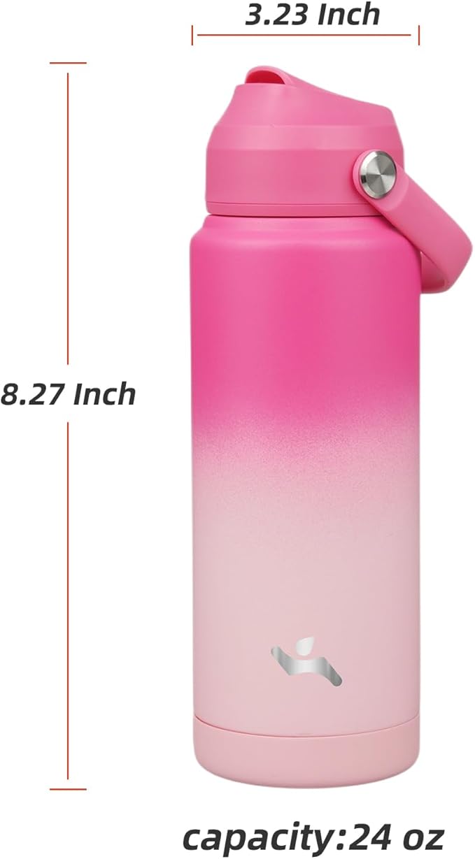 Insulated Water Bottle with Straw Lid,24 oz Stainless Steel Vacuum Metal Bottle with Silicone Handle,Cherry Blossom