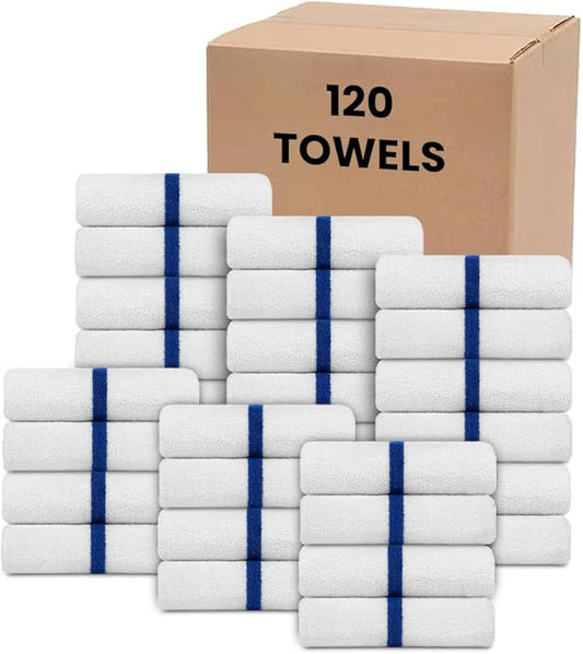 Blue Center Stripe 120 Bulk Towels (22x44) – Economical Soft & Absorbent Bulk Pool Towels for Hotels - Lightweight & Quick Drying White Bath Towels Bulk for Gym & Salon - Durable & Fade Resistant