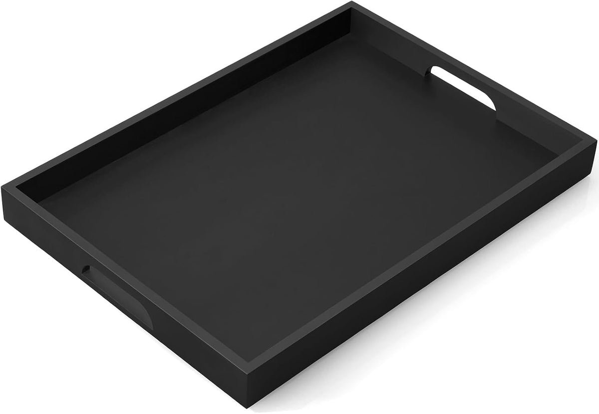 17 Inch Black Wood Serving Tray with Handles, Large Wooden Tray for Ottoman, Breakfast in Bed, Coffee Table, Dinner, Perfect for Living Room Bedroom Entryway and Kitchen