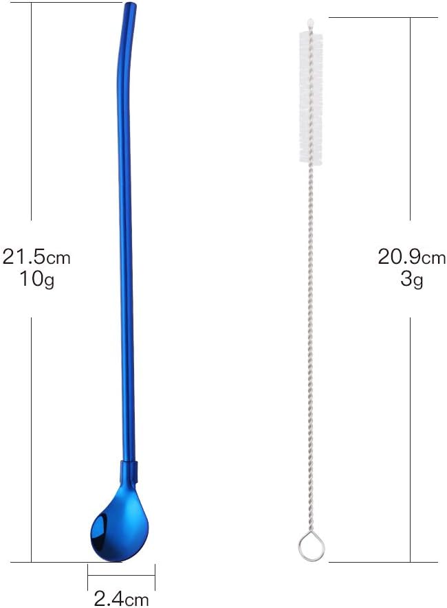 Straw Spoon, 8PCS 8.5inch Blue 18/8(304) Stainless Steel Metal Straws Reusable + 2 Brushes