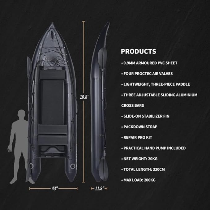 2 Person Inflatable Durable Fishing Kayak Armoured PVC Watercraft with Motor Mount Stern - 130'' x 43'' x 11.8